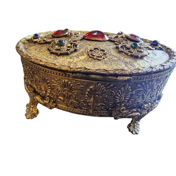 Antique Footed Gilt Bronze Jeweled Velvet Lined Trinket Box (A1717) - Picture 2 of 8